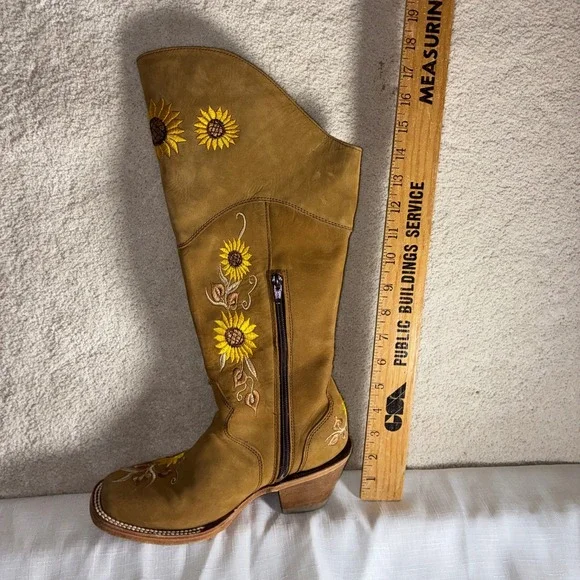 El General 1901 Sunflower Embroidered Tall Western Boots Tan Leather Womens 6 - Picture 11 of 13